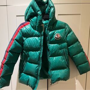 Moncler Green Puffer Jacket with Red and Blue Stripe